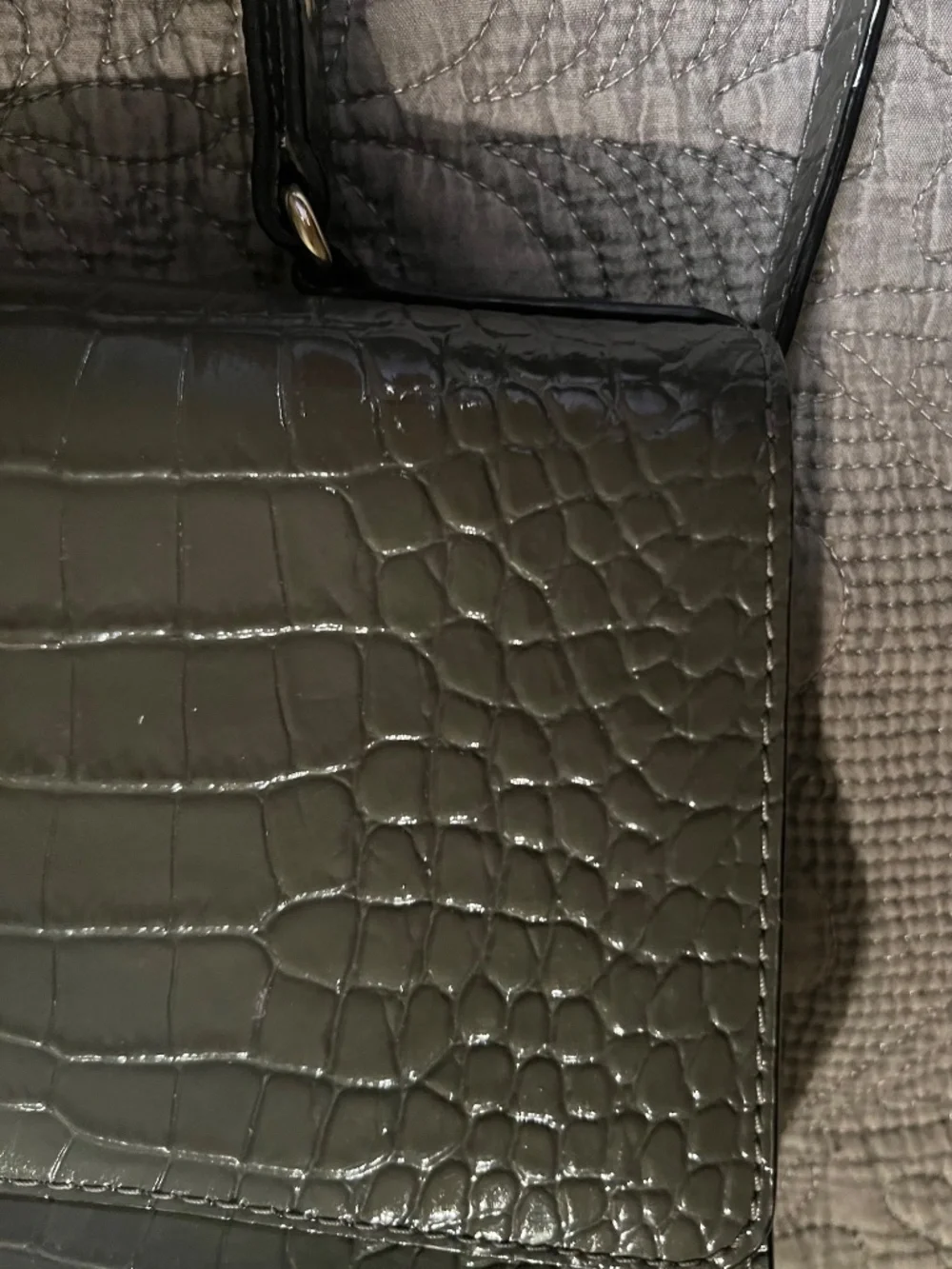 Kate Spade Doris Croc Embossed Dark Gray Patent Structured Tote Bag w/ 2 Handles